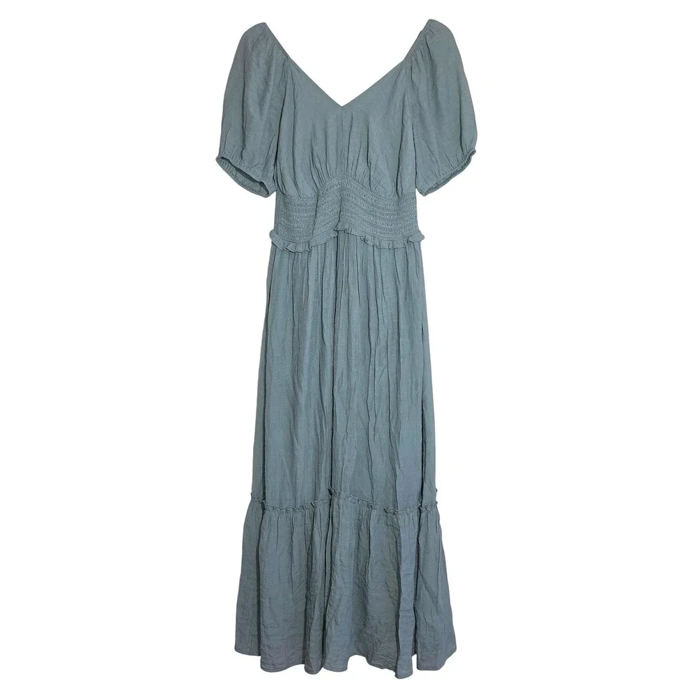 Ryan Michelle Midi Dress Womens Size Medium Sage Green Smocked Tiered EUC - Picture 3 of 8